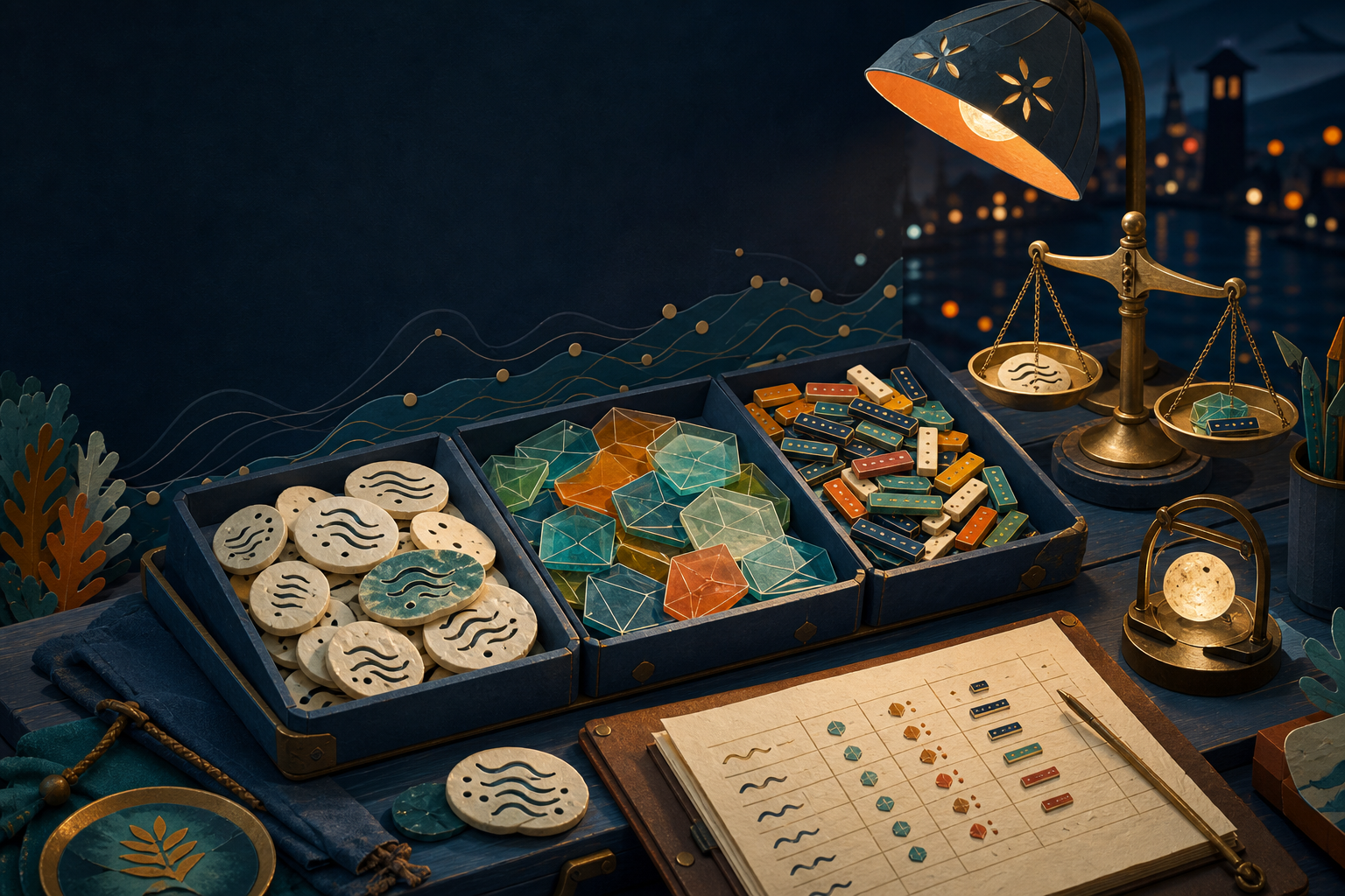 Raised trays hold three families of invented ceramic, glasslike, and enamel tokens beside a balance and paper ledger